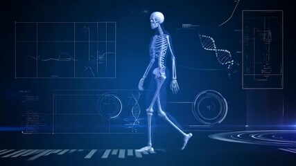 Medical scan showing skeleton walking amid charts and data in glowing blue - Powered by Adobe