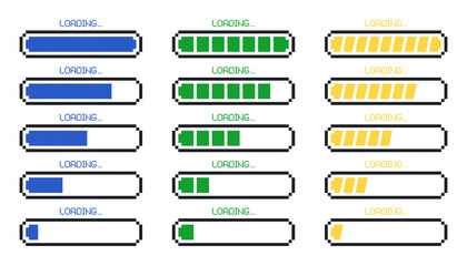 Load pixel bar icons. Battery charging level and loading progress indicators, retro 8 bit game asset of energy and health bars. Vector buttons collection