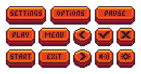 Interface menu pixel buttons. Video game UI navigation panel, retro 8 bit sprite game app navigation icons play pause menu settings options exit. Old school game symbols. Vector set