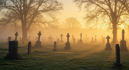 A foggy graveyard at dawn, where tombstones and trees appear in silhouette beneath the gentle sunrise glow.
