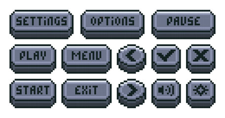Interface menu pixel buttons. Video game retro UI navigation panel, 8 bit sprite game app icons play pause menu settings options exit. Old school game symbols. Vector isolated set