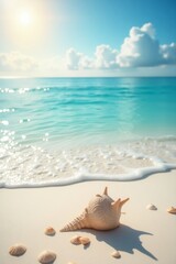 A serene scene of seashells placed on soft sandy beach, with the sun glinting off the surfaces