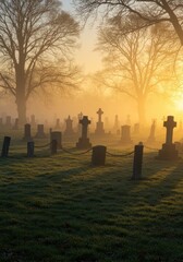 A foggy graveyard at dawn, where tombstones and trees appear in silhouette beneath the gentle sunrise glow.
