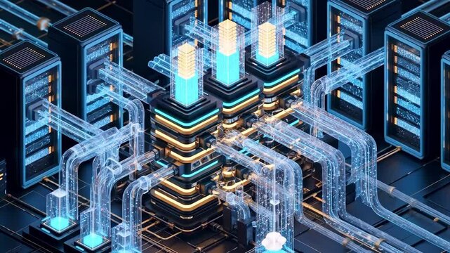 Futuristic industrial facility showcasing intricate pipelines and glowing structures under a digital landscape