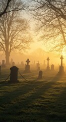 A foggy graveyard at dawn, where tombstones and trees appear in silhouette beneath the gentle sunrise glow.
