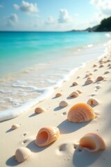 A serene scene of seashells placed on soft sandy beach, with the sun glinting off the surfaces