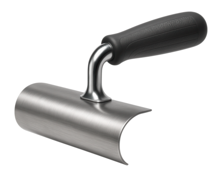 Concrete bull nose edging tool with a rounded blade for shaping the edges of sidewalks.