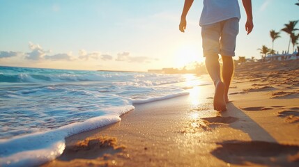 A person walking barefoot on a beach at sunset