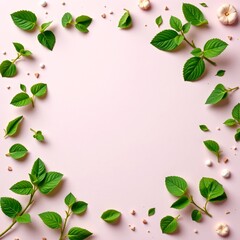 Naklejka premium top view of scattered green mint leaves in the corners on a light pastel background, with centered blank space for message