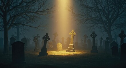 A foggy graveyard at dawn, where tombstones and trees appear in silhouette beneath the gentle sunrise glow.
