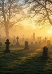 A foggy graveyard at dawn, where tombstones and trees appear in silhouette beneath the gentle sunrise glow.
