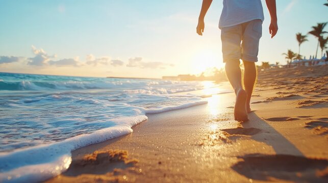 A person walking barefoot on a beach at sunset
