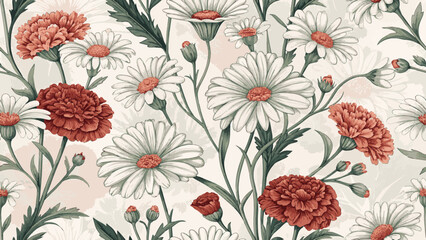Vector illustration seamless pattern of daisies and carnations for printing on fabric or wallpaper.