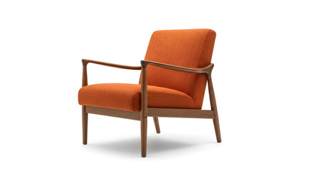 Fototapeta premium A modern orange armchair with wooden frame isolated against a white background.