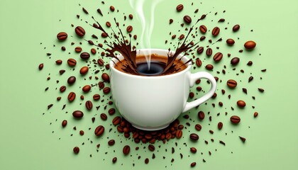 coffee cup breaking into fragments, each piece showing coffee, beans, steam, foam