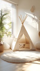 Cozy Kids' Play Area CreamColored Teepee Tent with Fluffy Rug and Natural Light by Window