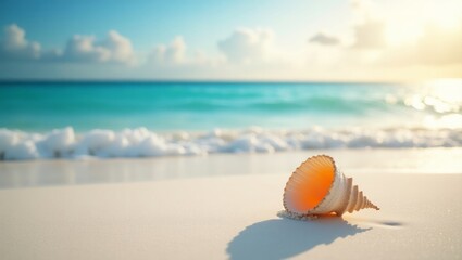 A serene scene of seashells placed on soft sandy beach, with the sun glinting off the surfaces