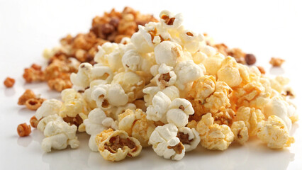Delicious white and buttered popcorn kernels arranged for a visually appealing snack food background.