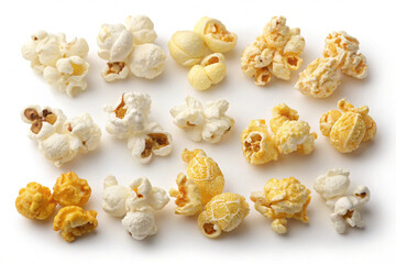 Studio shot of a collection of popped popcorn, highlighting the distinct textures of each individual kernel.