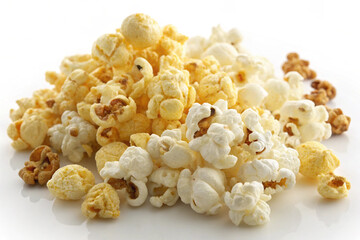 Overhead view of scattered popcorn pieces, showcasing different shapes and a mix of classic and buttered.