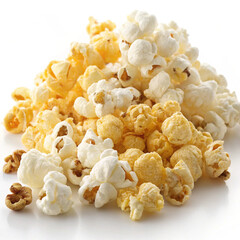 An assortment of different popcorn kernels, from crisp white to fluffy buttered varieties, on a plain background.