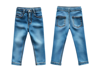  A pair of children's jeans, blue denim fabric with a loose fit and capri length, no pockets or drawstrings on the front side