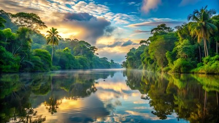 Serene tropical river sunrise lush green rainforest