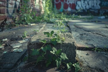 Obraz premium Green plant growing on a concrete block in an abandoned building with graffiti in the background, symbolizing resilience and rebirth
