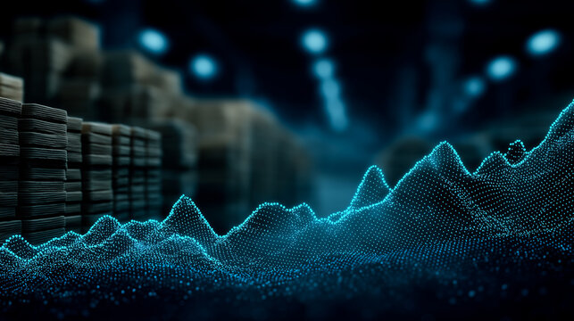 Data Growth in Warehouse: Visualize data, lines, and curves, representing the dynamic growth of data warehouse storage. A futuristic concept, with glowing blue digital lines and abstract pattern. 