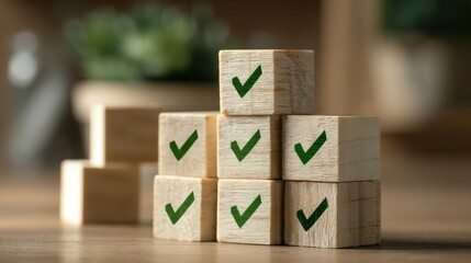 High quality photo of stacked wooden blocks with green check marks indoor setting conceptual image focused viewpoint for clarity.