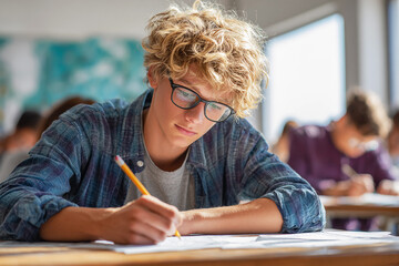 Teen student studies, writes in classroom. Blond boy focuses on exam, homework. School, learning, education concept. For editorial, marketing, web use.