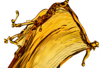 Dynamic golden liquid splash frozen in motion with droplets and flowing streams isolated on transparent background