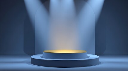 High quality photo of stage podium with lighting, Stage Podium Scene with for Award Ceremony on blue Background.