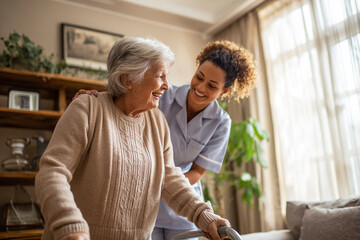 Caregiver helps senior woman walk with walker. Empathy, support, home care. Healthcare promo, editorial, web use.