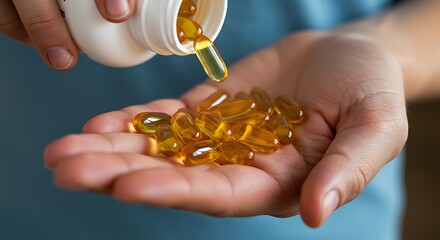 Omega 3 capsules being poured into hand for daily supplement intake
