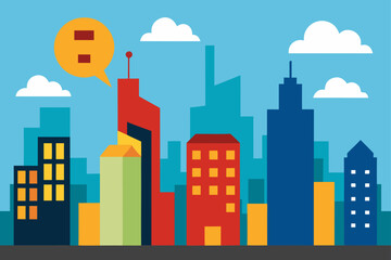 Urban city illustration with towering buildings, a vibrant street, and a serene skyline at night