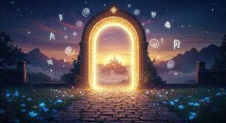  An ancient gate, gazing at a winged golden rainbow above, flanked by magic symbols.