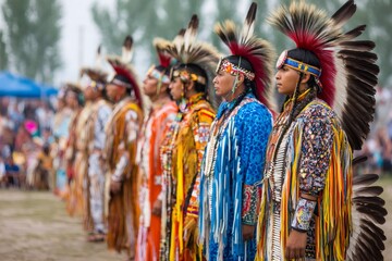 Fototapeta premium Native american dancers wearing traditional clothing during powwow celebration