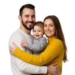 Happy family of three, father and mother holding their son on their lap and smiling at the camera, isolated on a transparent background PNG.