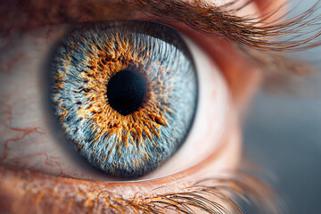 Eye macro shows intricate iris details. Captures vision, health, beauty. Use for medical, marketing, or design projects. Close-up, detail-oriented, unique.