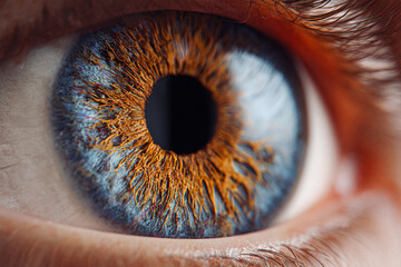 Eye sees everything. Macro shot features human eye with blue iris and brown details. Intense look for medical, science, or beauty concepts.