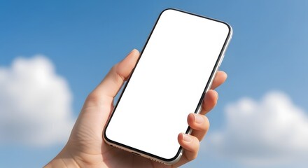 Hand holds a sleek frameless smartphone mockup with a blank screen outdoors.