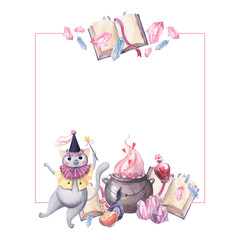 Cats with a magic wand, book, cauldron, potions and crystals