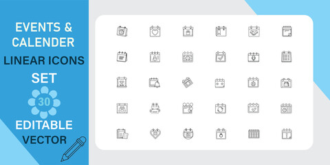Collection of Linear Icons Representing Events and Calendars for Design Projects