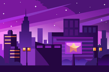 Fototapeta premium Vibrant urban night skyline illustration with towering illuminated buildings under a star-filled sky