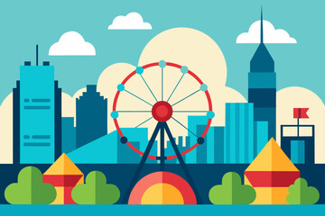 Naklejka premium Vector illustration of a cartoon city or village landscape with houses, buildings, and nature under a summer sky