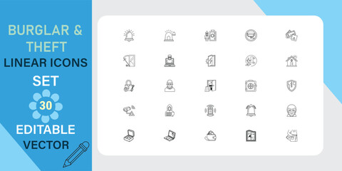 Burglar and Theft Linear Icons Set for Security and Safety Applications