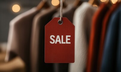 Red sale tag whispers of bargains among blurred clothing racks in a Boutique