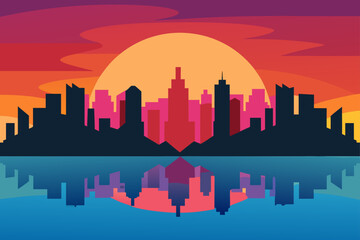 Fototapeta premium A vibrant vector illustration of a city skyline at sunset, showcasing urban architecture and towering skyscrapers