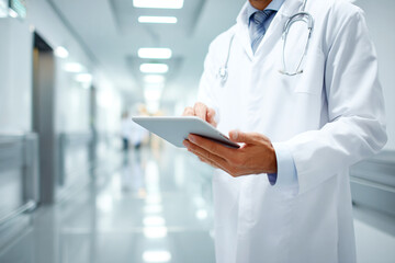 Doctor uses tablet in clinic hallway. Telemedicine, healthcare, and digital medicine concept. For marketing, design, editorial, web use.